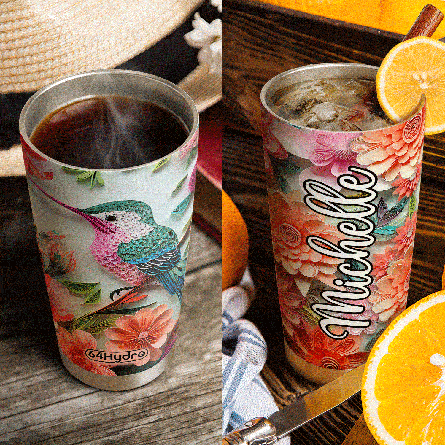 Hummingbird In Flowers Garden Paper Quiling HHAY060723377 Stainless Steel Tumbler