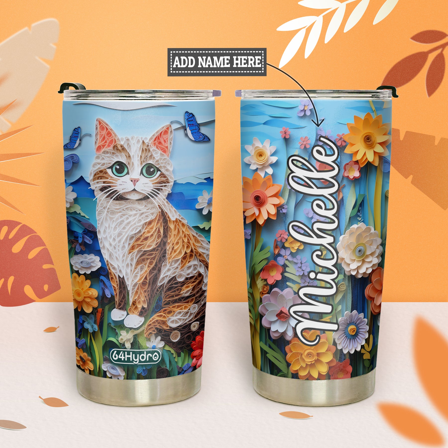 Cat In The Flowers Garden Paper Quiling HHAY060723441 Stainless Steel Tumbler