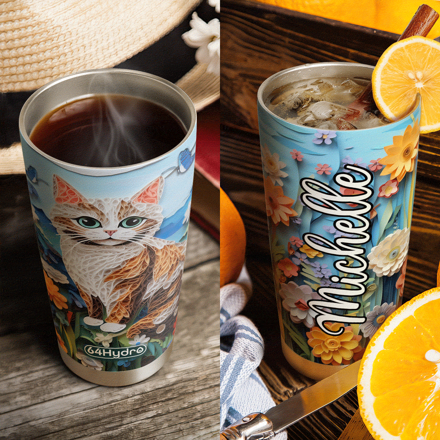 Cat In The Flowers Garden Paper Quiling HHAY060723441 Stainless Steel Tumbler