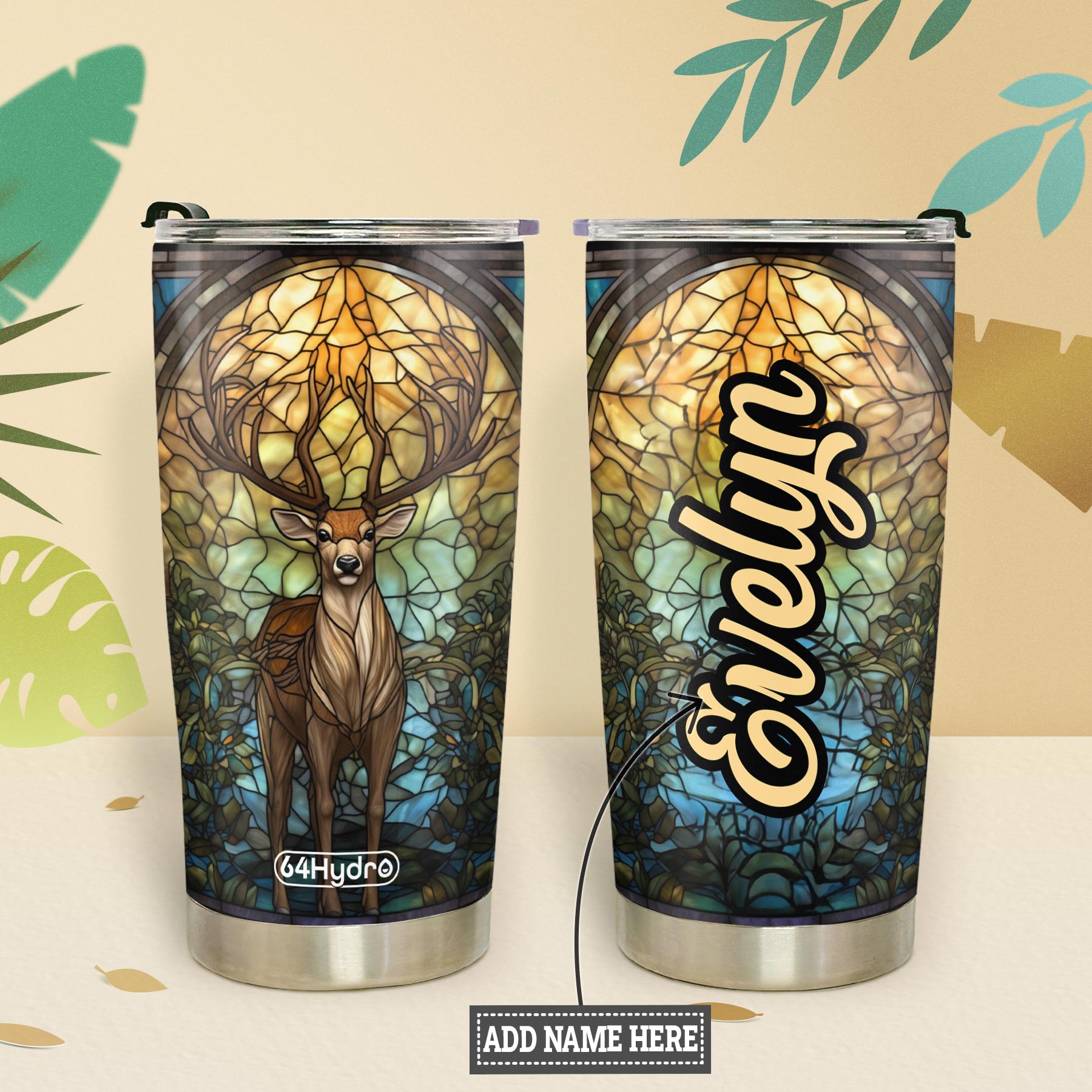 Deer Stained Glass HTRZ15097078QA Stainless Steel Tumbler