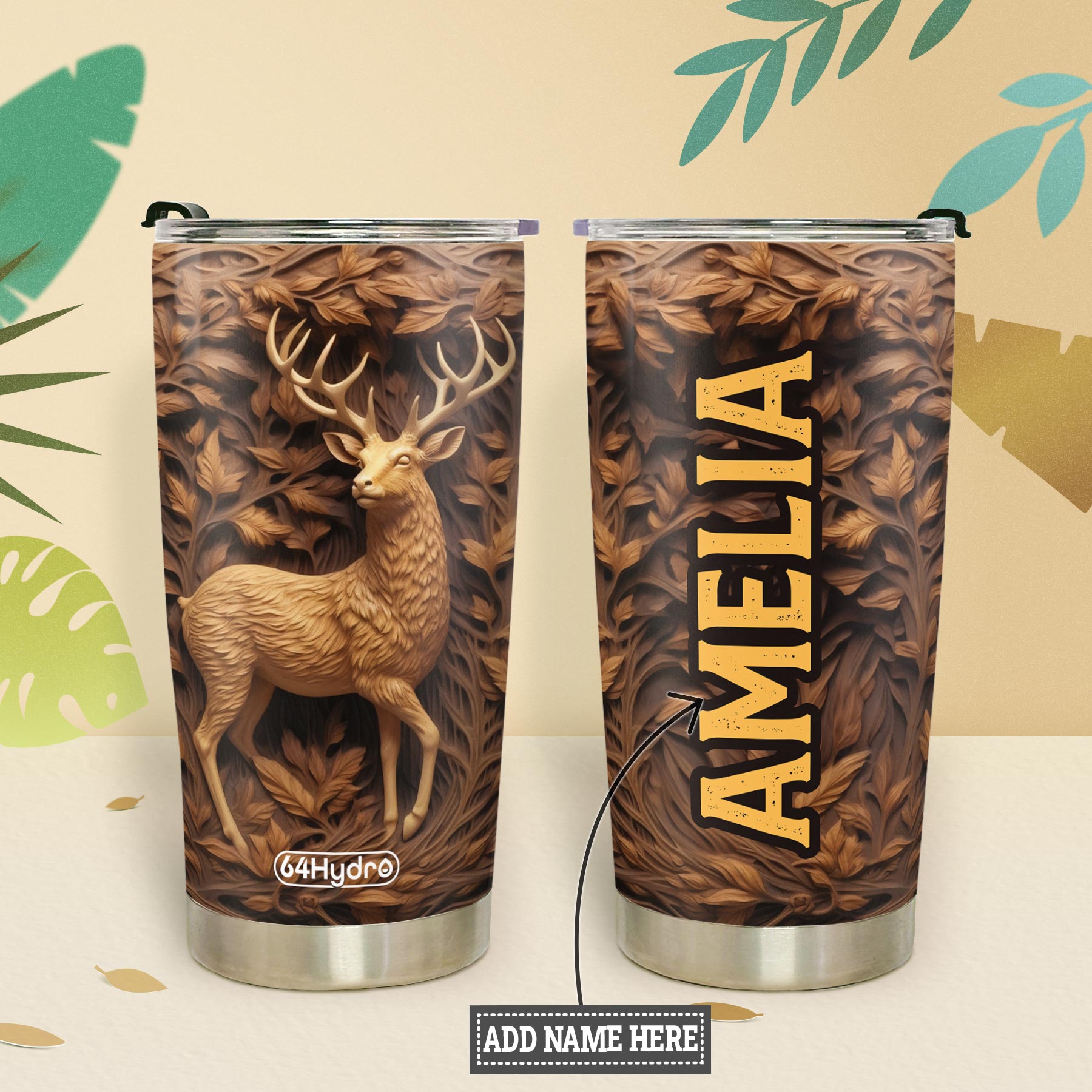 Deer Wooden Carving HTRZ15090860RK Stainless Steel Tumbler