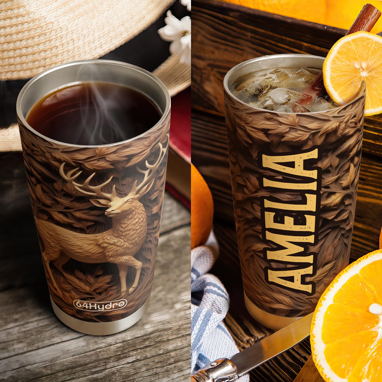 Deer Wooden Carving HTRZ15090860RK Stainless Steel Tumbler