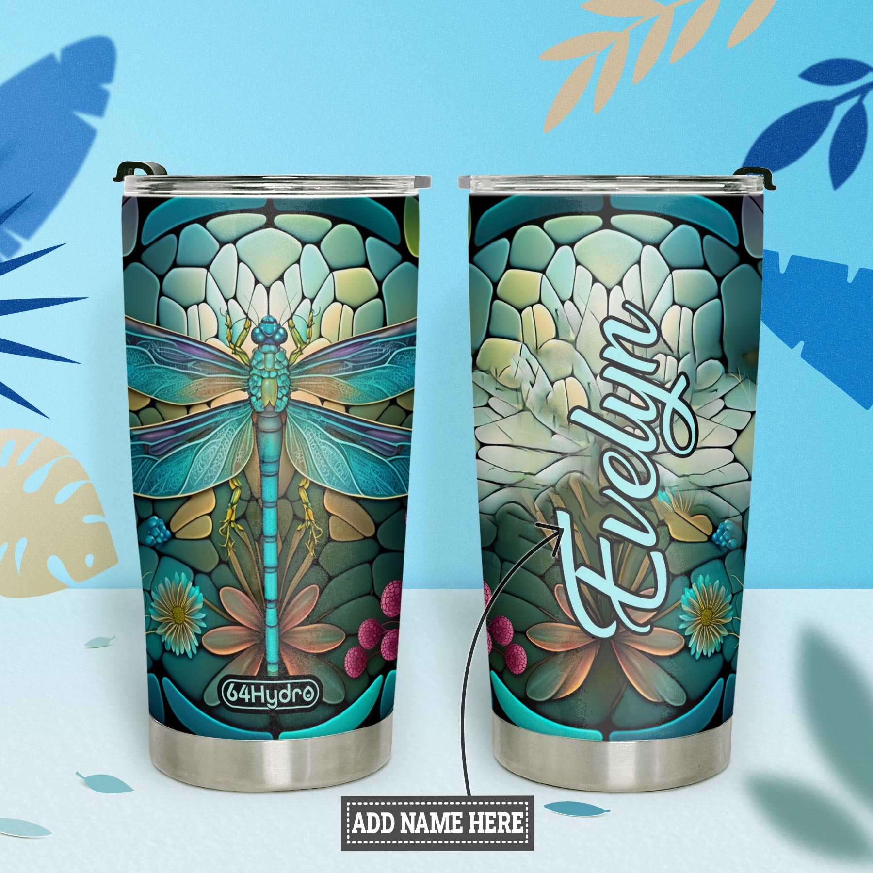 Dragonfly Aquamarine Crystal Mosaic HTRZ05098014FT Stainless Steel Tumbler