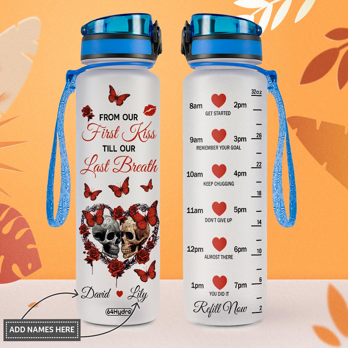 From Our First Kiss Till Our Last Breath Skull Couple HTRZ10088389RM Water Tracker Bottle