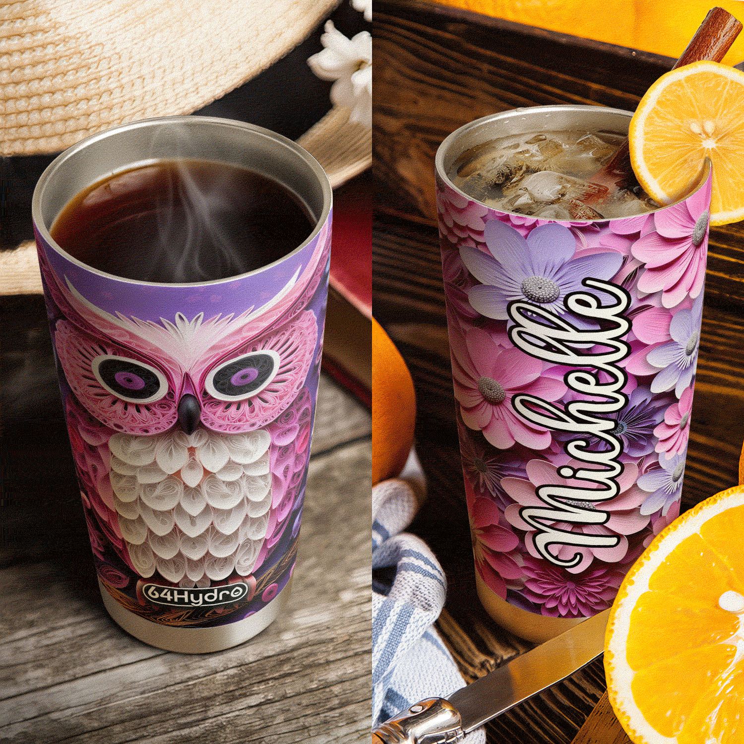 Owl Purple Pink Flowers Paper Quiling HHAY060723351 Stainless Steel Tumbler