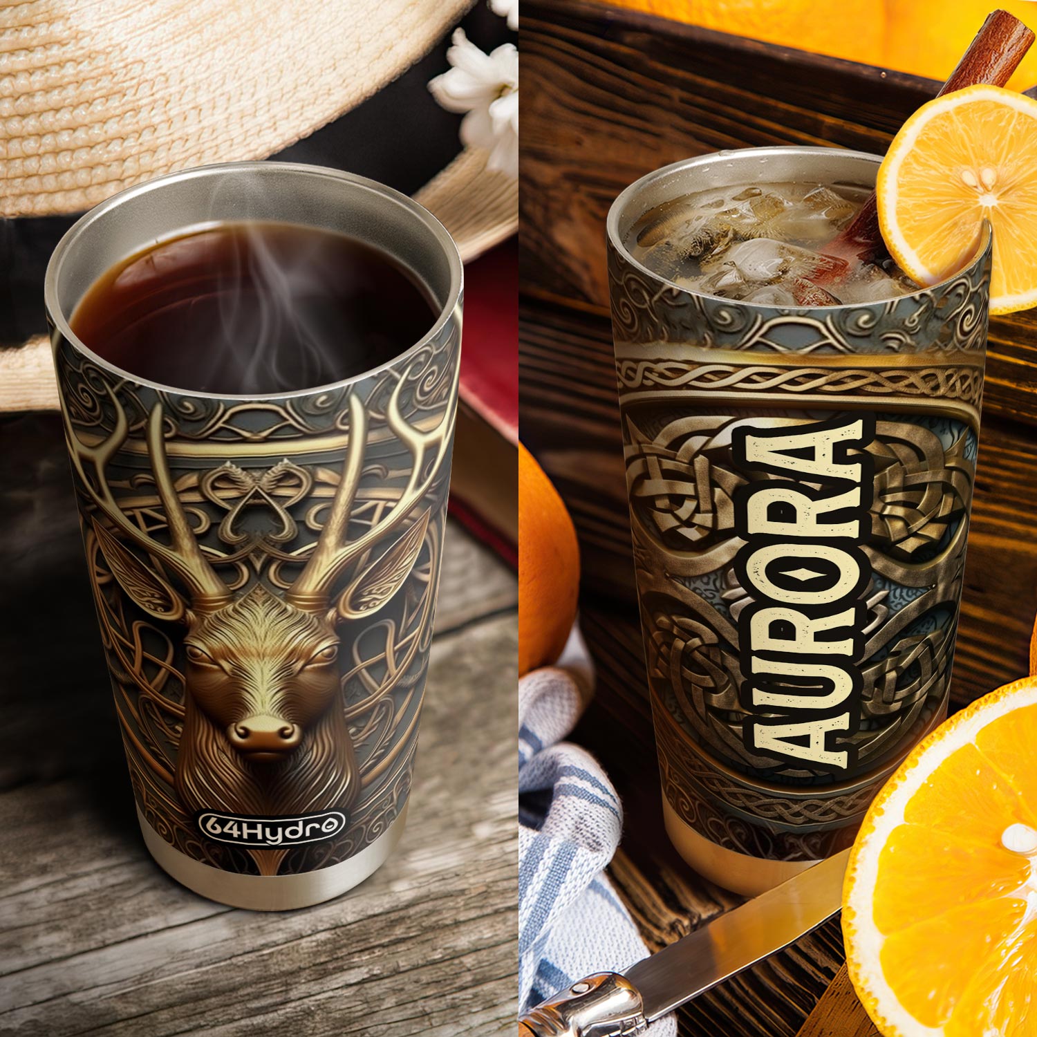 Viking Celtic Deer Golden Style HTRZ12091030EK Stainless Steel Tumbler